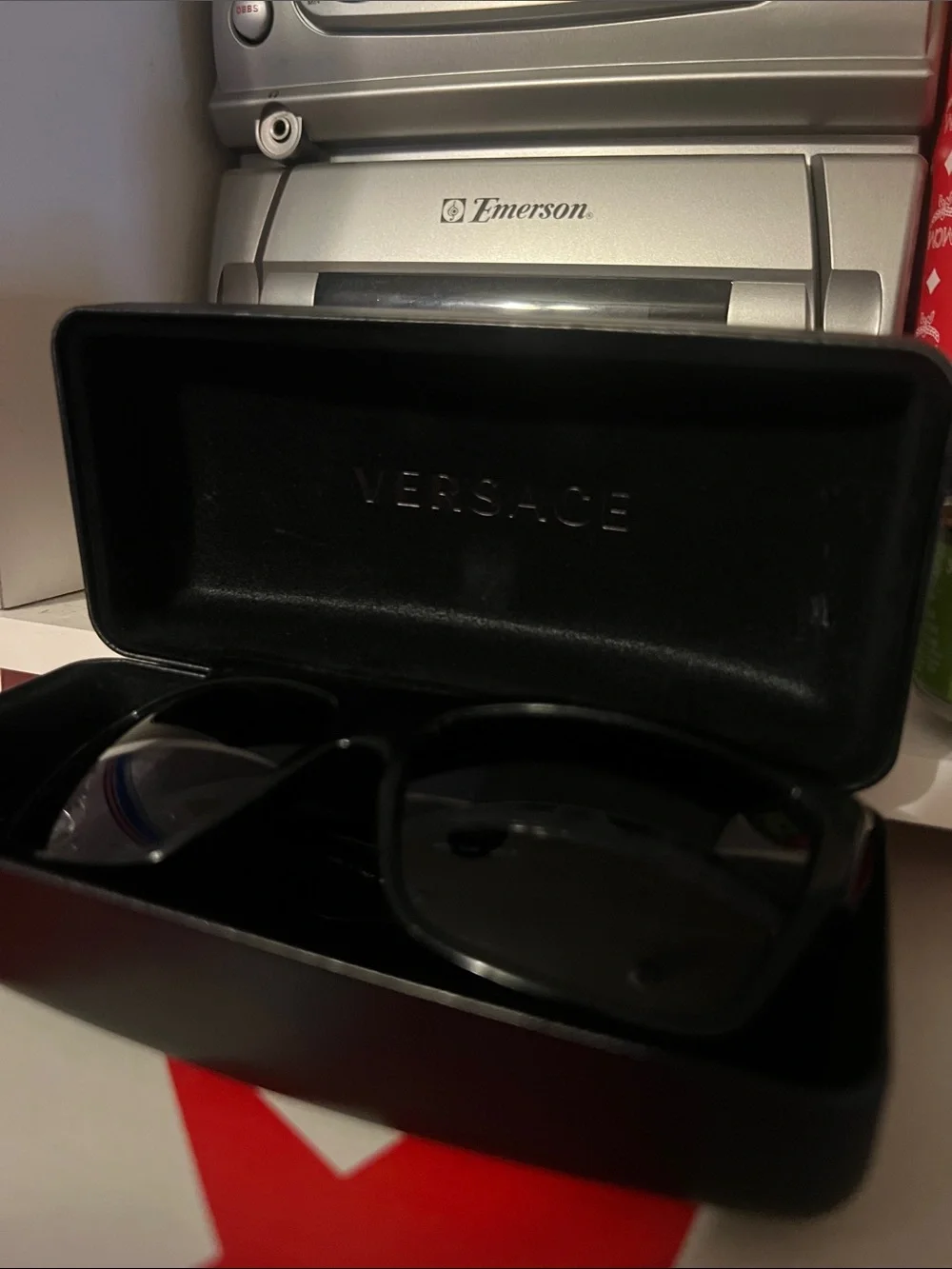 Versace Black Rectangular Sunglasses with Gold Logo Box
